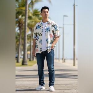 Caribbean Floral Casual Button Down Shirt - White, Blue, Pink